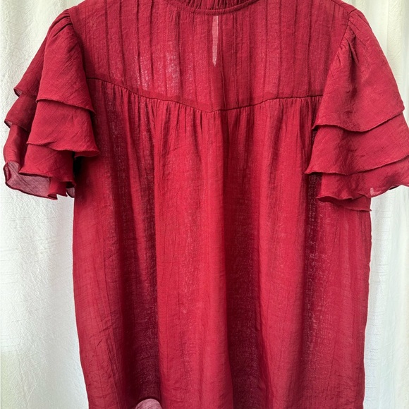 Nanette Lepore Burgundy Flutter Sleeve Top sz L - Picture 2 of 6